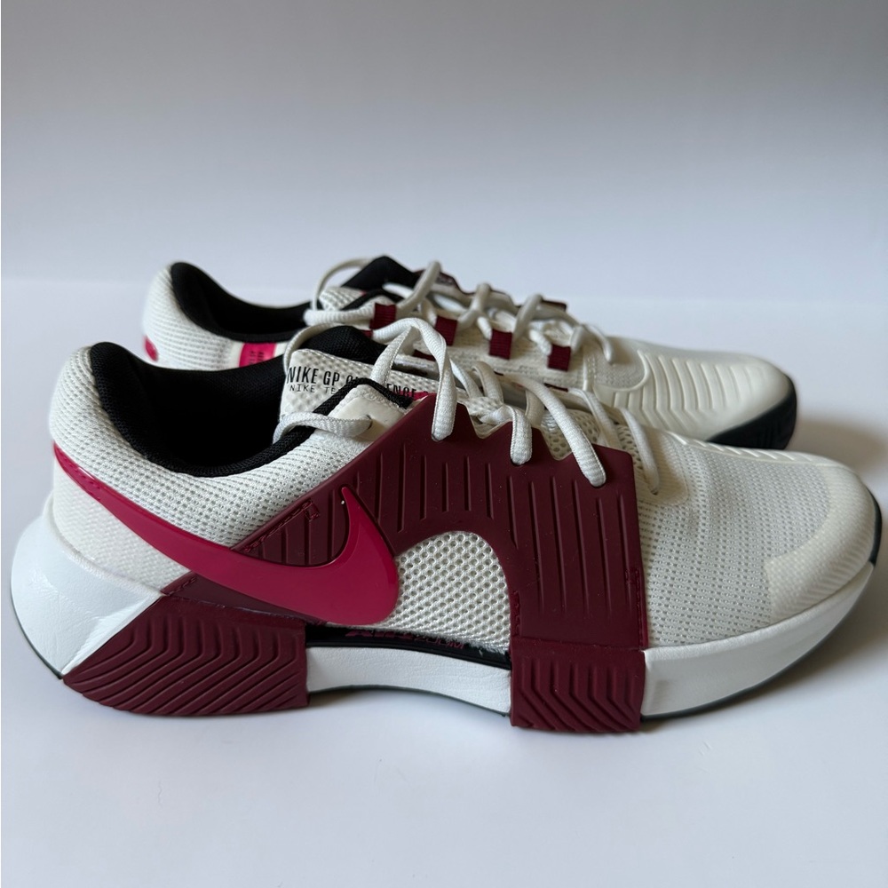 Nike GP Challenge one White and Maroon Sneakers with Pink Swoosh NWOT